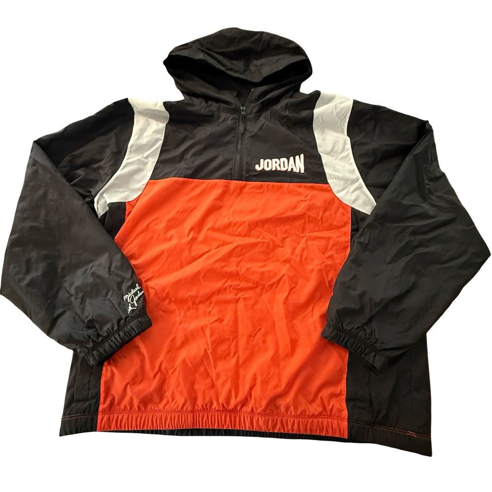 Nike Jordan Flight MVP Hooded Pullover Jacket Windbreaker Mens L Black Orange